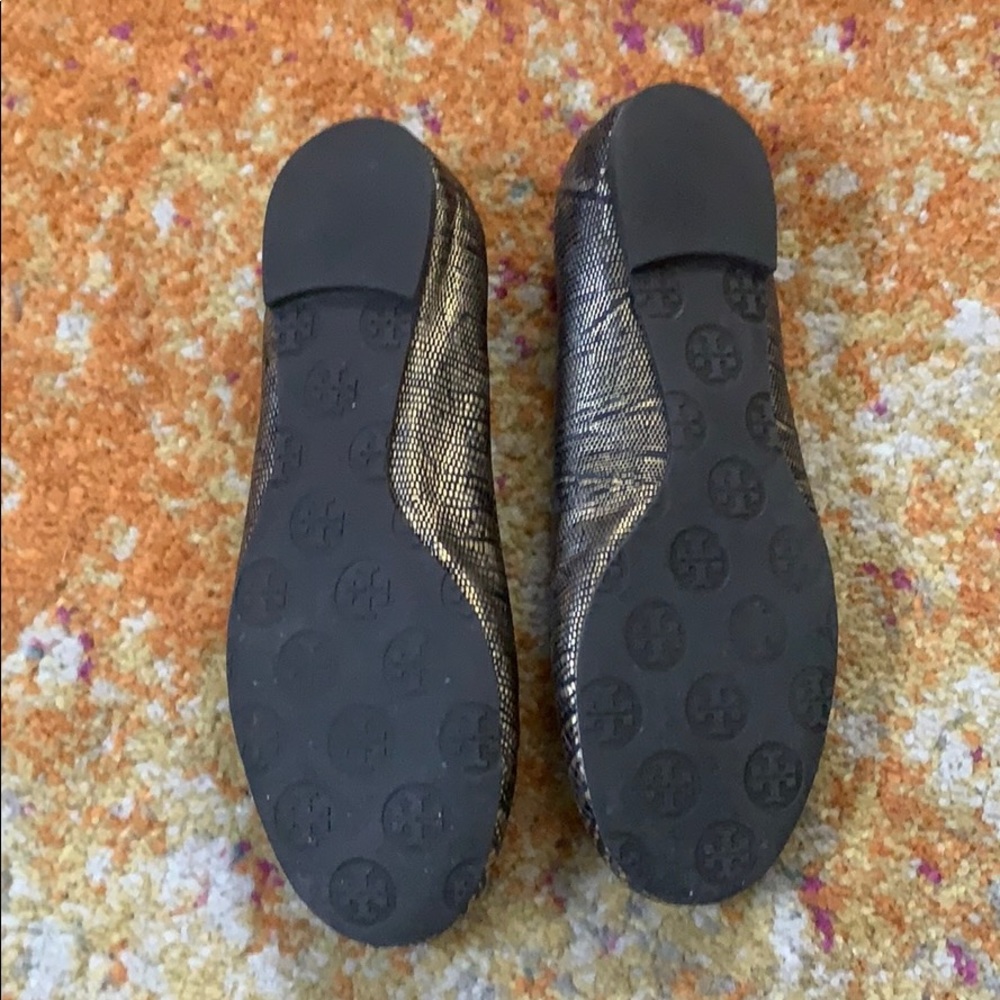 Tory Burch Black and Gold Snake Print Reva Flats - Picture 8 of 8